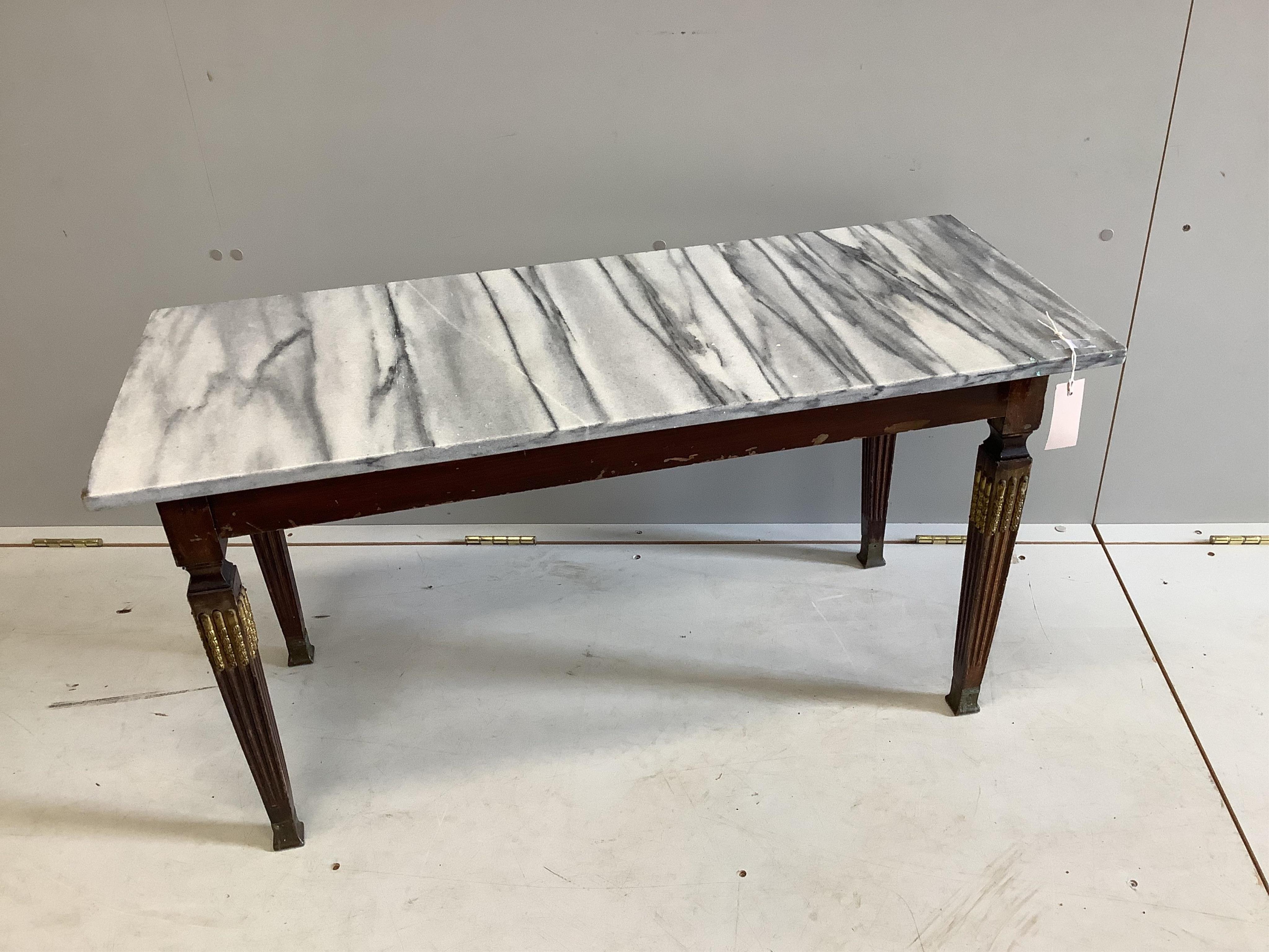 A rectangular gilt metal mounted beech marble top coffee table, width 96cm, depth 40cm, height 49cm. Condition - fair